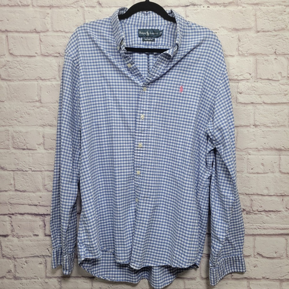 Ralph Lauren Light Blue Gingham Check Button Shirt Men XL Skater Business Preppy